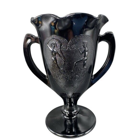 L E Smith Black Amethyst Glass Dancing Nymphs Trophy Glass Vase Etched Vintage - Picture 1 of 14
